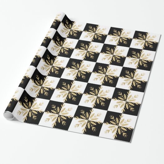 Gold Glitter Snowflakes Black and White Checkered Geschenkpapier (Ungerollt)