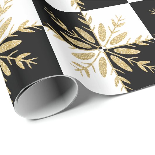 Gold Glitter Snowflakes Black and White Checkered Geschenkpapier (Rolleneckpunkt)
