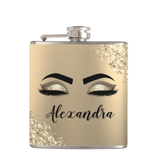 Gold Glitter Sparkle Eyelashes Monogram Name Flachmann (Vorderseite)