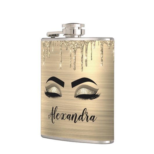 Gold Glitter Sparkle Eyelashes Monogram Name Flachmann (Links)