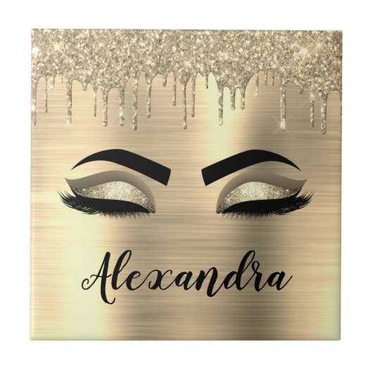 Gold Glitter Sparkle Eyelashes Monogram Name Fliese (Vorderseite)