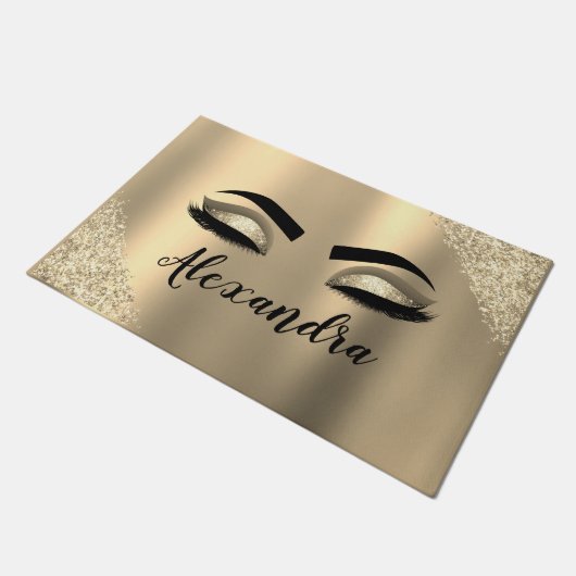 Gold Glitter Sparkle Eyelashes Monogram Name Fußmatte (Schrägansicht)
