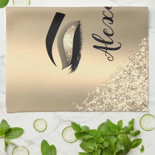 Gold Glitter Sparkle Eyelashes Monogram Name Geschirrtuch (Gefaltet)