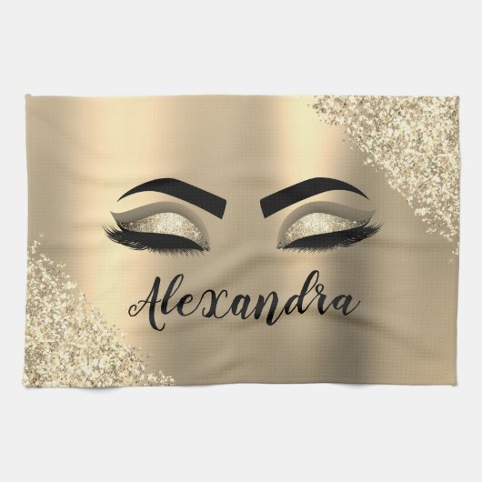 Gold Glitter Sparkle Eyelashes Monogram Name Geschirrtuch (Horizontal)