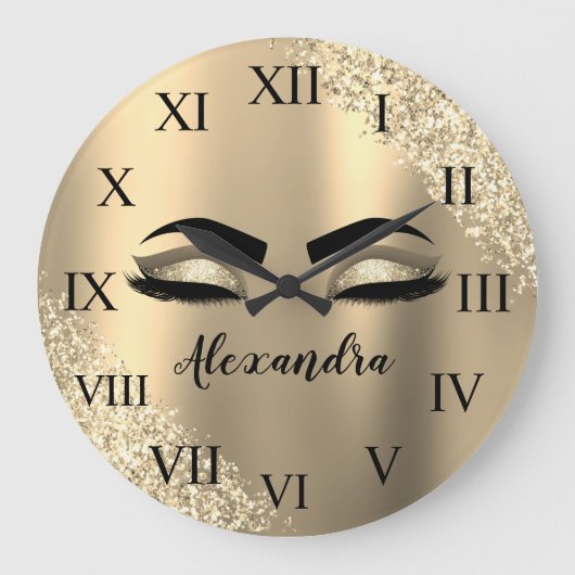 Gold Glitter Sparkle Eyelashes Monogram Name Große Wanduhr (Vorderseite)