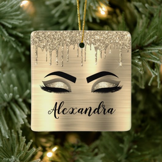 Gold Glitter Sparkle Eyelashes Monogram Name Keramikornament (Baum)