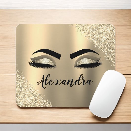 Gold Glitter Sparkle Eyelashes Monogram Name Mousepad