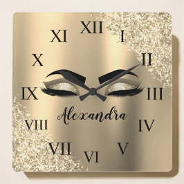 Gold Glitter Sparkle Eyelashes Monogram Name Quadratische Wanduhr