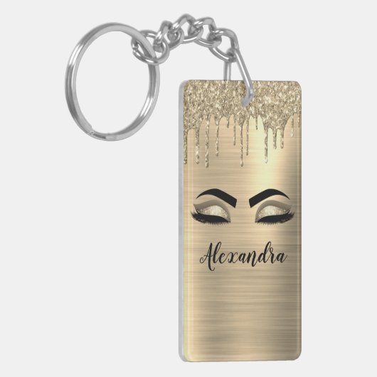 Gold Glitter Sparkle Eyelashes Monogram Name Schlüsselanhänger (Vorderseite links)