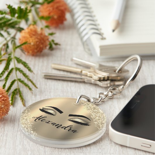 Gold Glitter Sparkle Eyelashes Monogram Name Schlüsselanhänger (Vorderseite rechts)