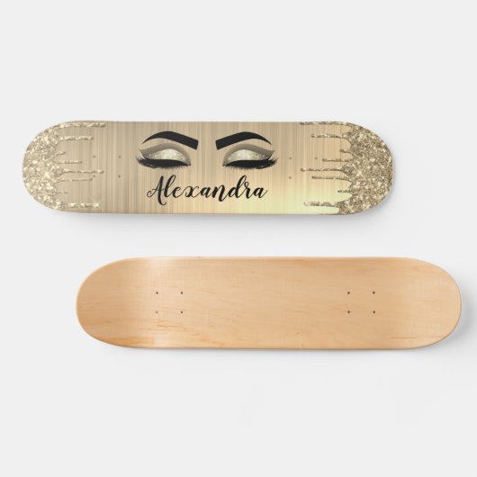 Gold Glitter Sparkle Eyelashes Monogram Name Skateboard (Horizontal)