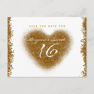 Gold Glitter Spill Sweet 16 Herz Save The Date Ankündigungspostkarte