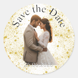 Gold Glitter-Spritzer Hochzeit Save the Date Runder Aufkleber