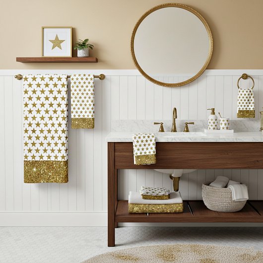 Gold Glitter Stars Bath Towel Set