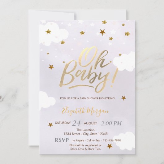 Gold Glitter Stars Clouds Lavender Baby Shower  Einladung (Vorderseite)
