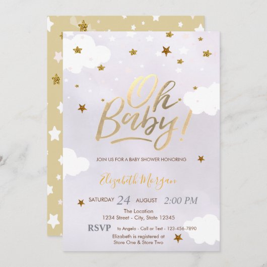 Gold Glitter Stars Clouds Lavender Baby Shower  Einladung (Vorne/Hinten)