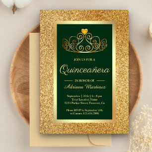 Gold Glitter Tiara Prinzessin Grün Quinceanera Einladung