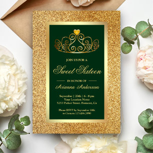 Gold Glitter Tiara Prinzessin Grüne Sweet Sixteen Einladung