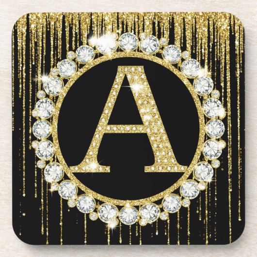 Gold Glitter Tropf Monogramm Anfangsbuchstabe Pers Getränkeuntersetzer (Vorderseite)