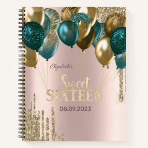 Gold Glitter-Tropfen Ballons Rose Gold Sweet 16 Notizblock