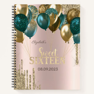 Gold Glitter-Tropfen Ballons Roségold Sweet 16 Notizblock