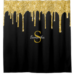 Gold Glitter Tropfen Glänzen Schwarzes Monogramm N Duschvorhang