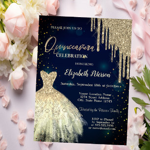 Gold Glitter Tropfen, Kleid Navy Blau Quinceañera Einladung