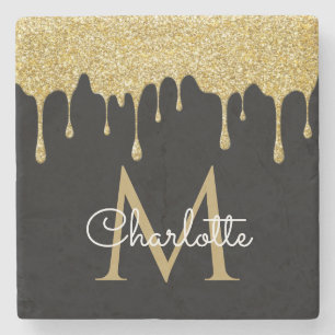 Gold Glitter Tropfen Monogramm Elegantes Mädchen-S Steinuntersetzer