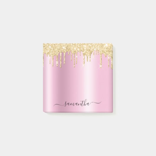 Gold Glitter Tropfen Pink Schimmer Glam Name Post-it Klebezettel (Vorderseite)