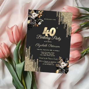 Gold Glitter-Tropfen Schwarze Rosen Dunkle 40. Geb Einladung