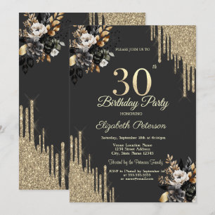 Gold Glitter Tropfen Schwarze Rosen Dunkler 30. Ge Einladung