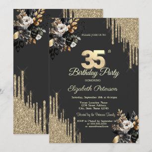 Gold Glitter Tropfen Schwarze Rosen Dunkler 35. Ge Einladung