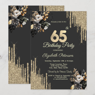 Gold Glitter Tropfen Schwarze Rosen Dunkler 65. Ge Einladung