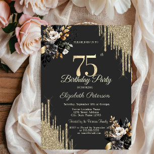 Gold Glitter Tropfen Schwarze Rosen Dunkler 75. Ge Einladung