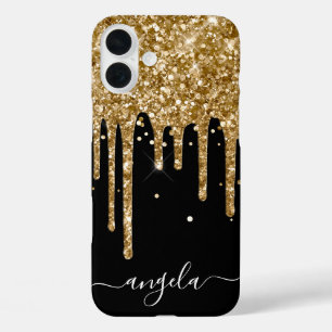 Gold Glitter Tropfen Schwarzes Glam Signet iPhone 16 Plus Hülle