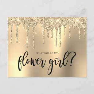 Gold Glitter-Tropfen, wirst du mein Blumenmädchen Einladungspostkarte