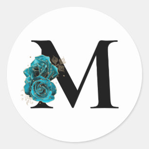Gold Glitter Türkis Florales Glam Monogramm Runder Aufkleber