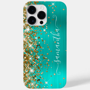 Gold Glitter Türkis Glam Modern Weiblich Signatur Case-Mate iPhone 14 Pro Max Hülle