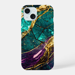 Gold Glitter Türkis und Lila Glas Art Gemstone iPhone 15 Hülle