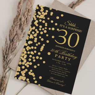 Gold Glitter Überraschung 30. Geburtstag Schwarz Einladung