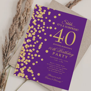 Gold Glitter Überraschung 40. Geburtstag Lila Einladung