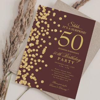 Gold Glitter Überraschung 50. Geburtstag Burgund  Einladung