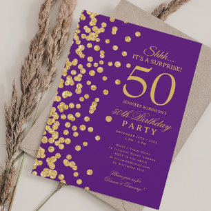 Gold Glitter Überraschung 50. Geburtstag Lila Einladung