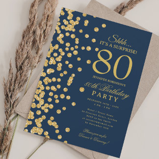 Gold Glitter Überraschung 80. Geburtstag Navy Blau Einladung