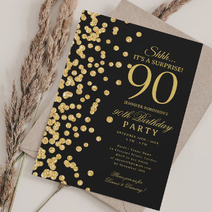 Gold Glitter Überraschung 90. Geburtstag Schwarz Einladung