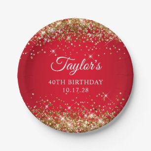 Gold Glitter und Roter 40. Geburtstag Pappteller