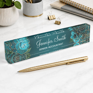 Gold Glitter und Teal Glam Rosen Namensplakette