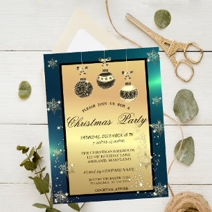 Gold Glitter, Weihnachtskugeln Grün Firmenparty Einladung