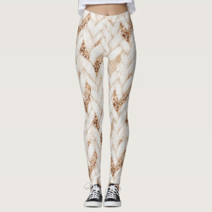Gold Glitter Weiß Gewebter Faux Stoff Leggings