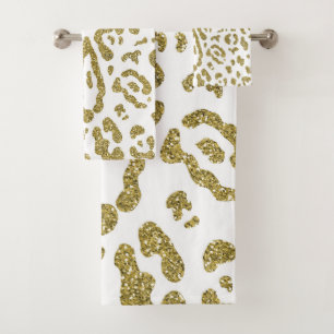 Gold Glitter Weißer Gepard Leopard Tierprint Badhandtuch Set